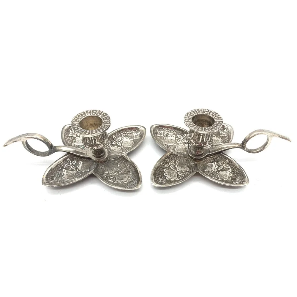 Vintage Silver Flower Chamberstick Candle Holder Pair Hollywood Regency Taper